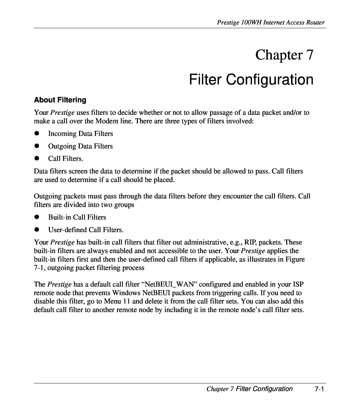 ZyXEL Communications 100WH user manual Filter Configuration, About Filtering, Chapter 