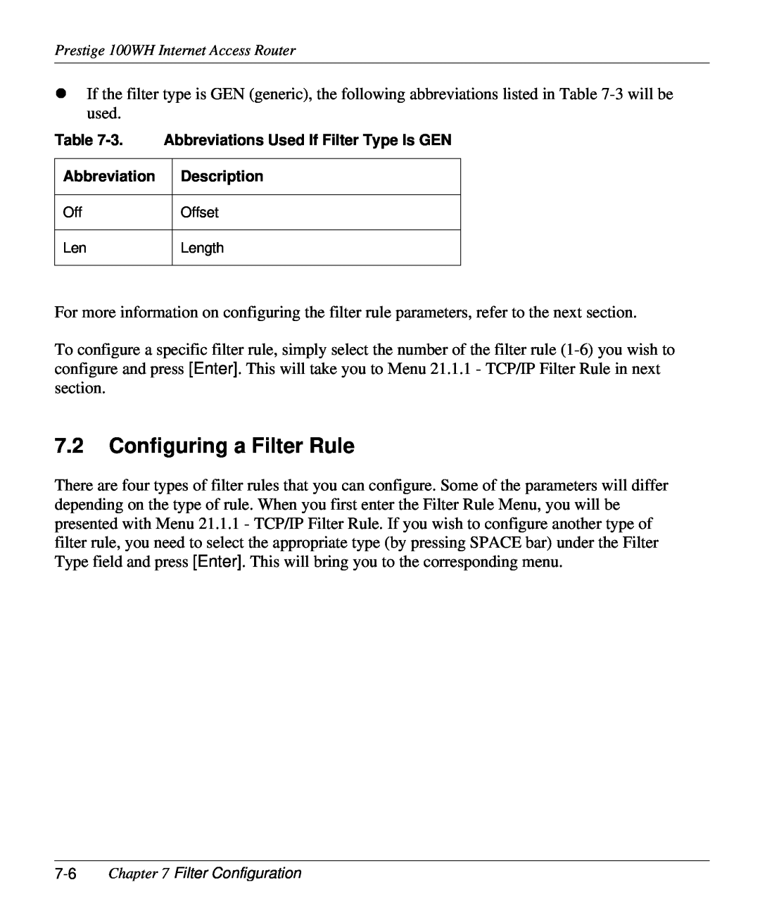 ZyXEL Communications 100WH user manual Configuring a Filter Rule, Offset, Length 