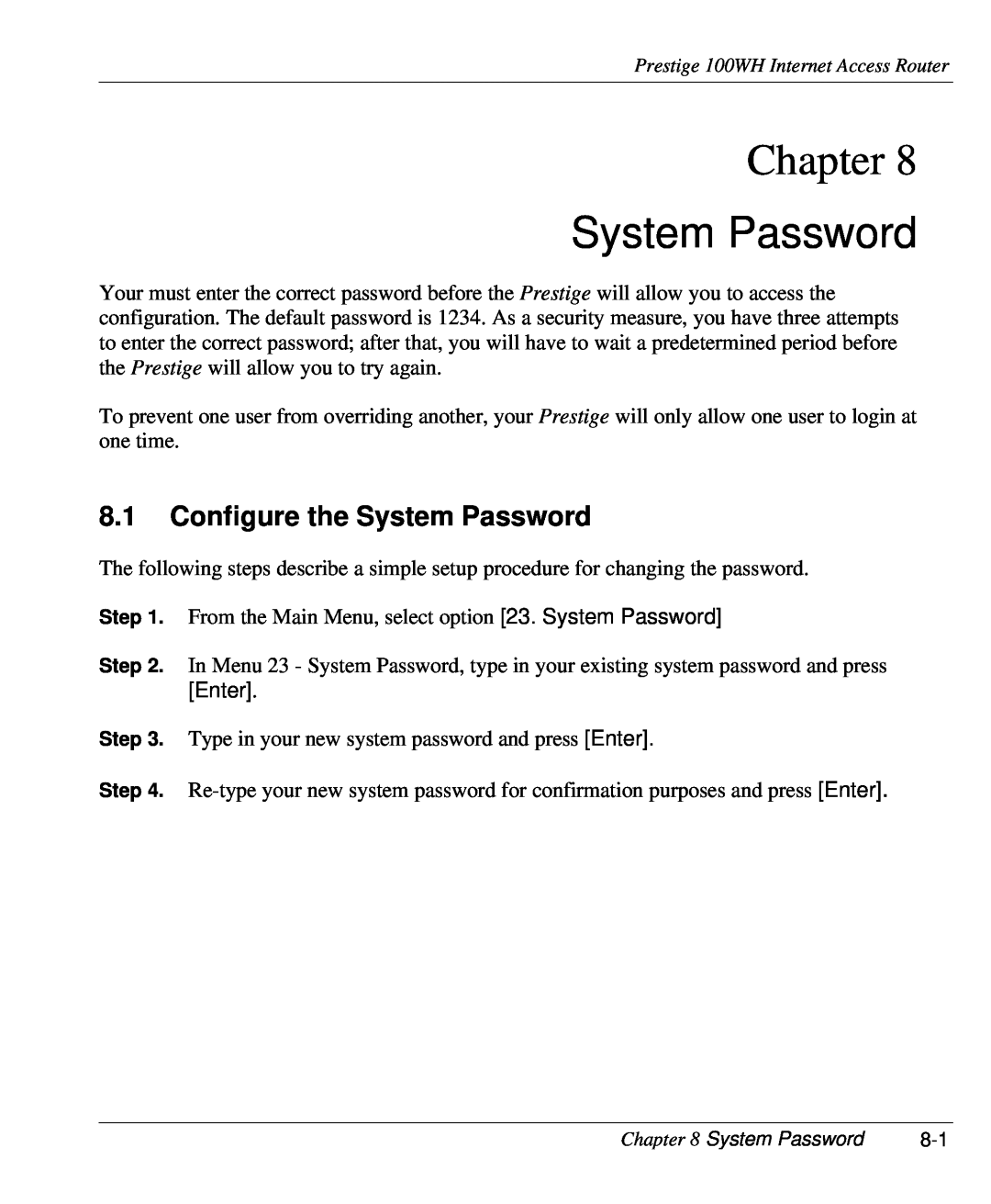 ZyXEL Communications 100WH user manual Configure the System Password, Chapter 