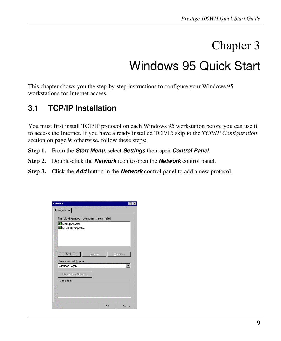 ZyXEL Communications 100WH quick start Windows 95 Quick Start, TCP/IP Installation 