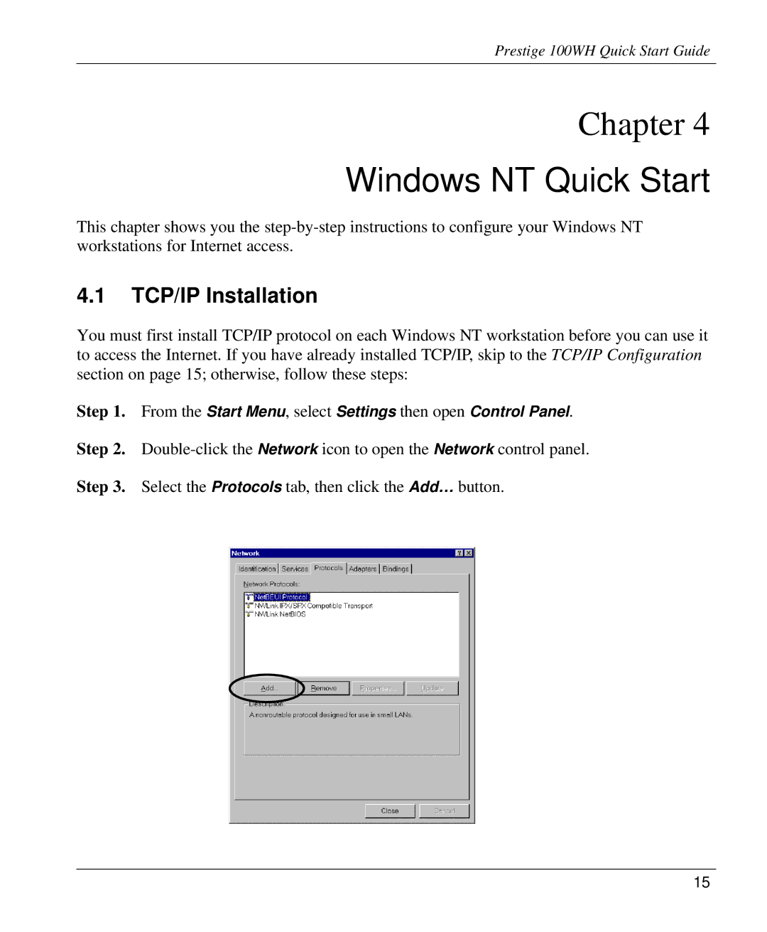 ZyXEL Communications 100WH quick start Windows NT Quick Start, TCP/IP Installation 