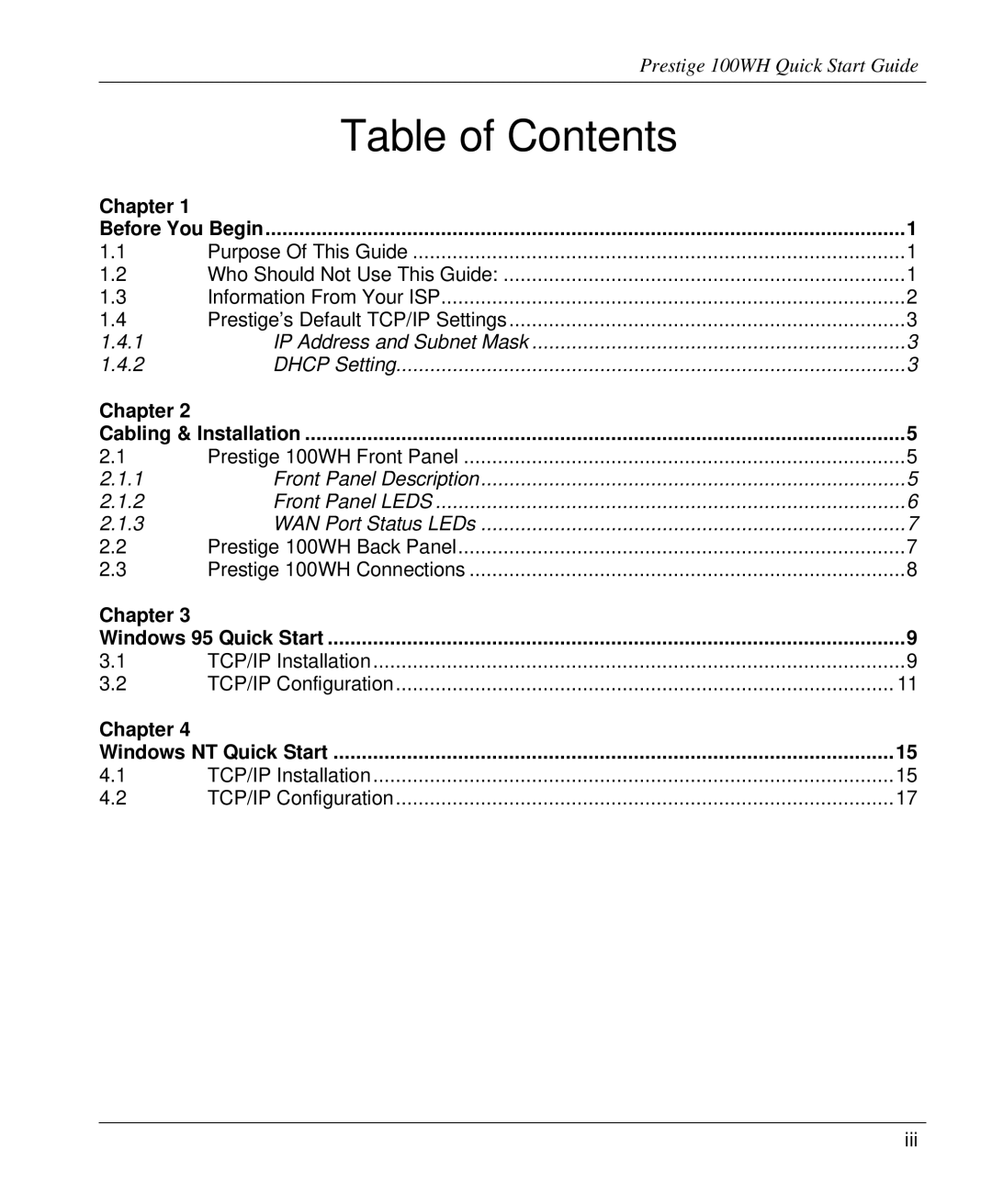 ZyXEL Communications 100WH quick start Table of Contents 