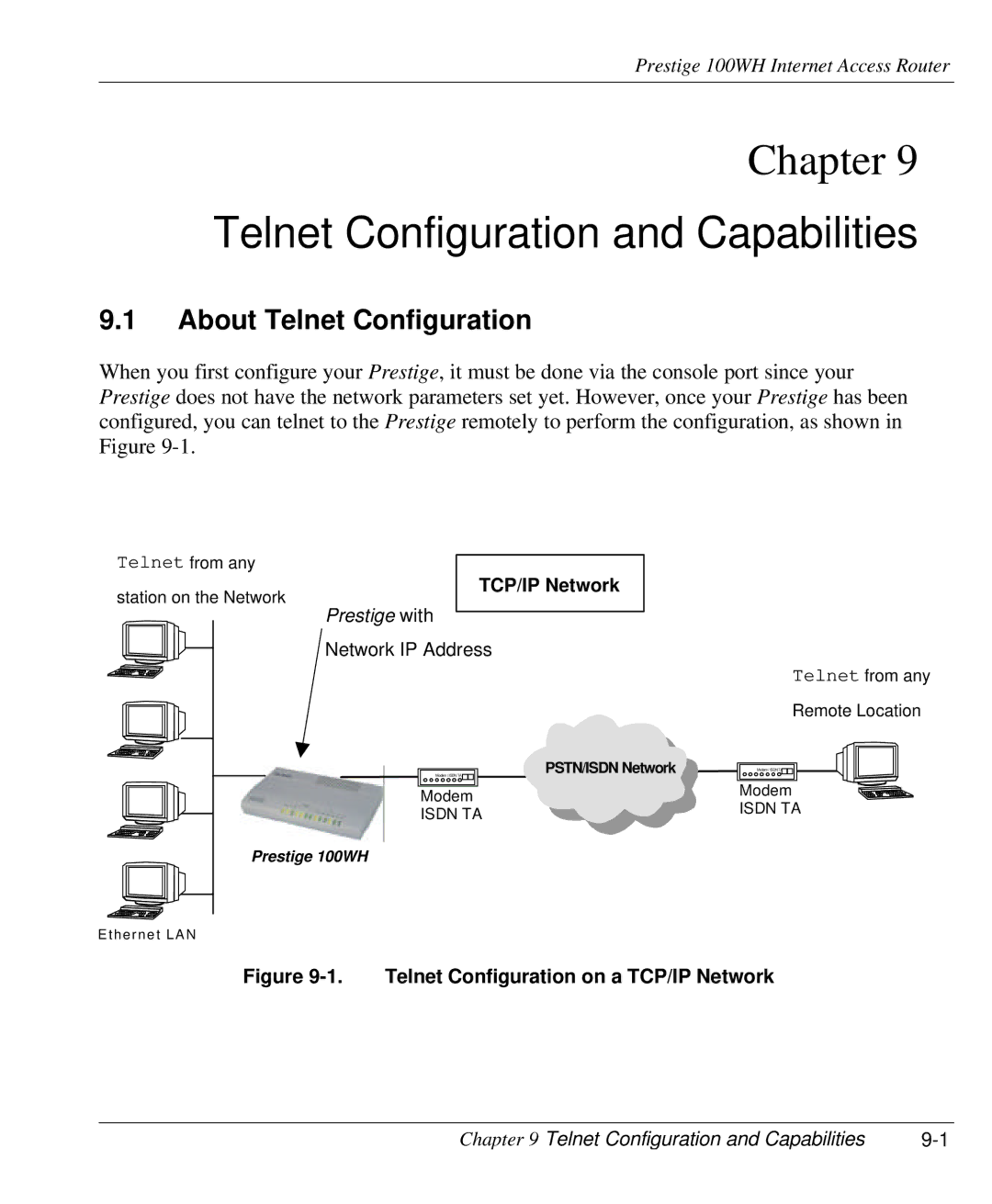 ZyXEL Communications 100WH user manual Telnet Configuration and Capabilities, About Telnet Configuration, TCP/IP Network 