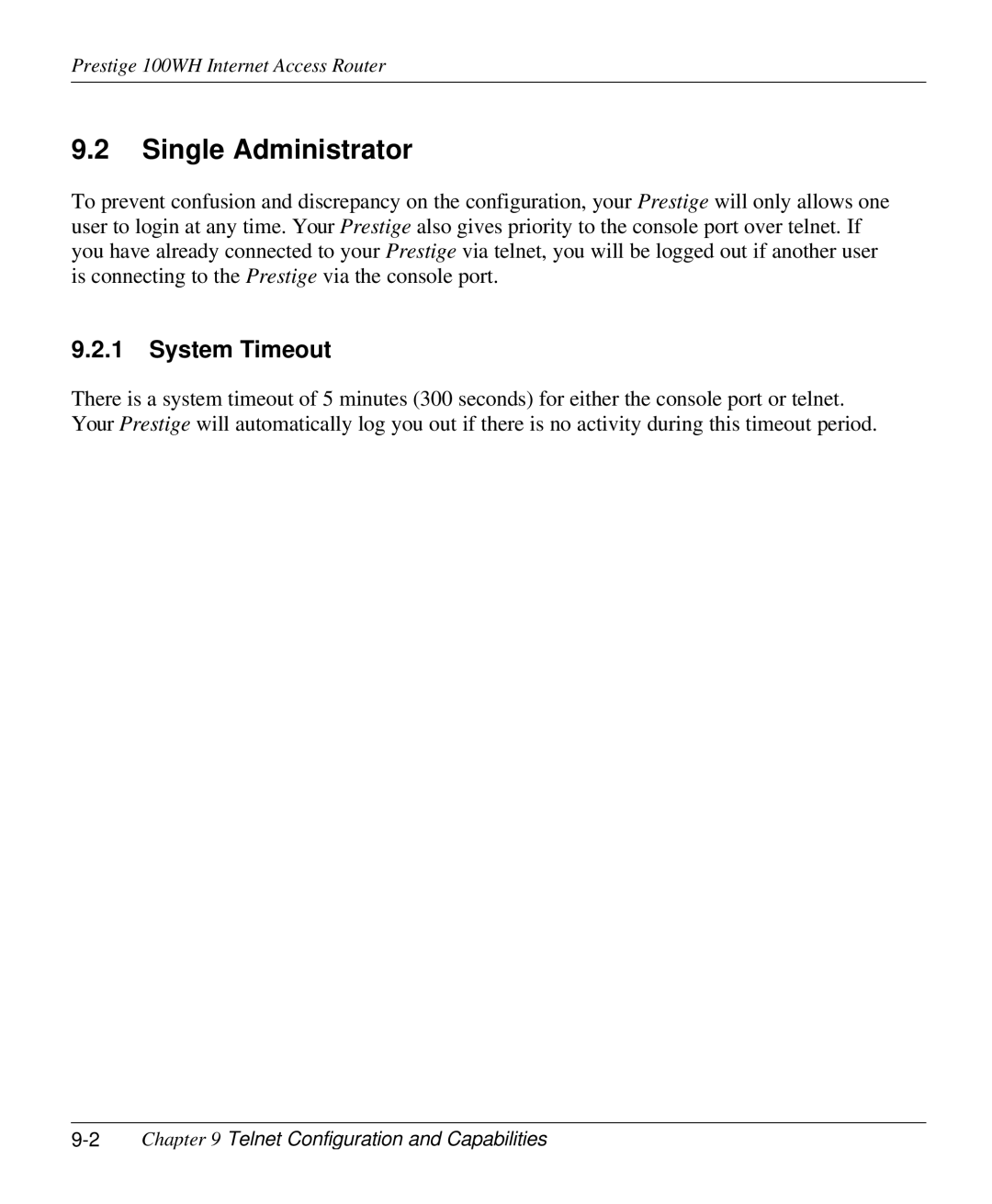 ZyXEL Communications 100WH Single Administrator, System Timeout, 2Chapter 9 Telnet Configuration and Capabilities 