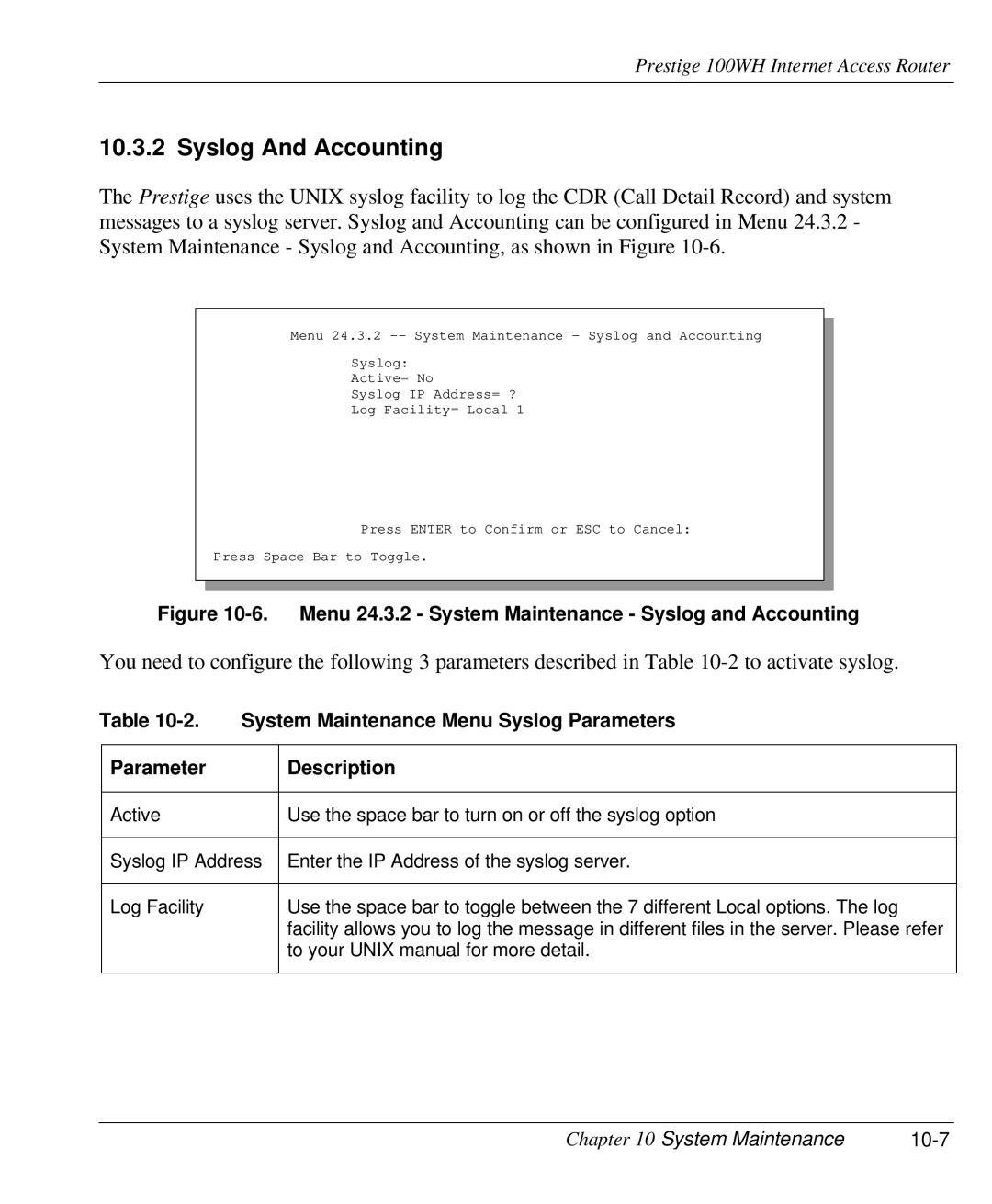 ZyXEL Communications 100WH Syslog And Accounting, System Maintenance Menu Syslog Parameters, Parameter Description 