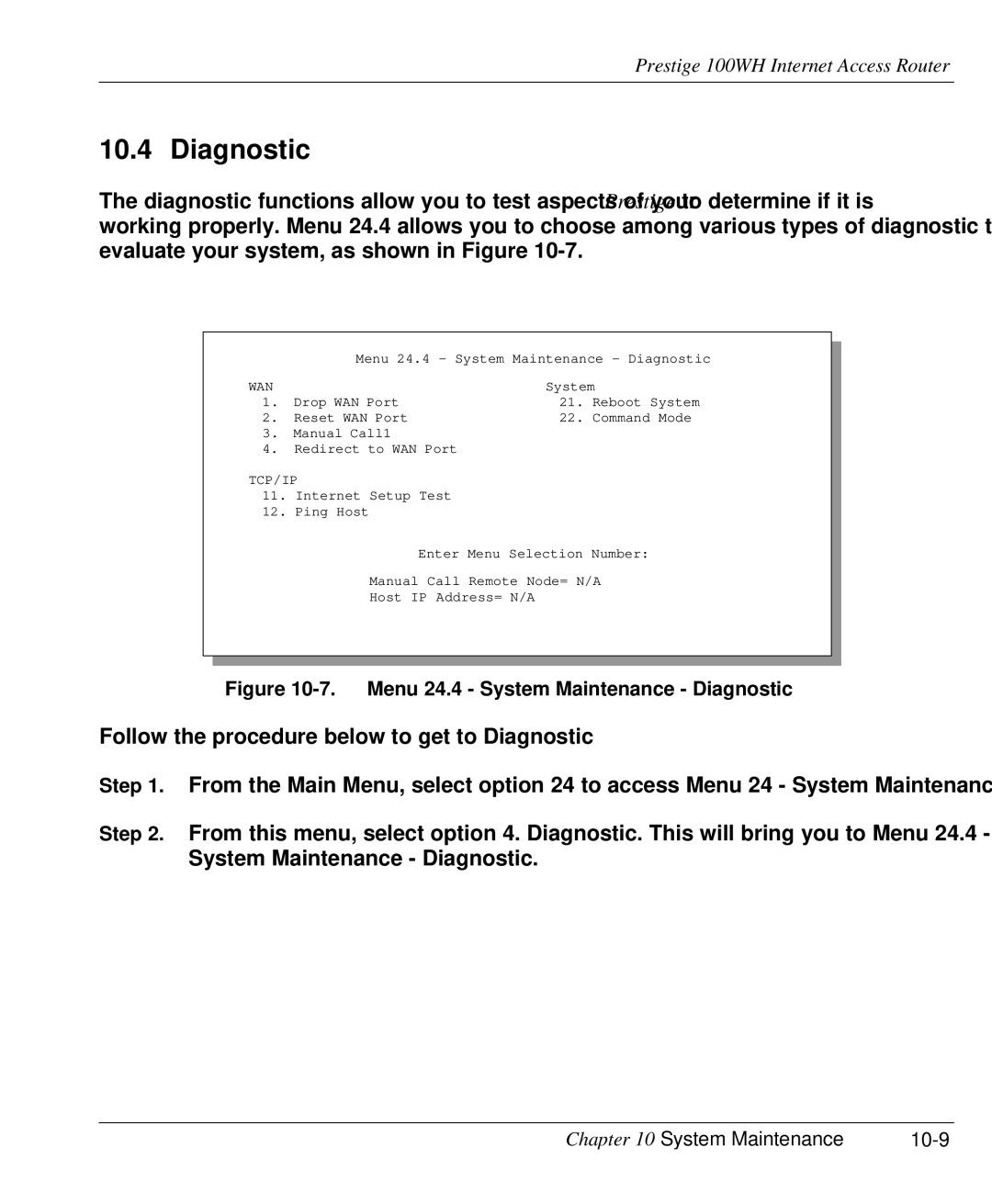 ZyXEL Communications 100WH user manual Diagnostic, System Maintenance 10-9 