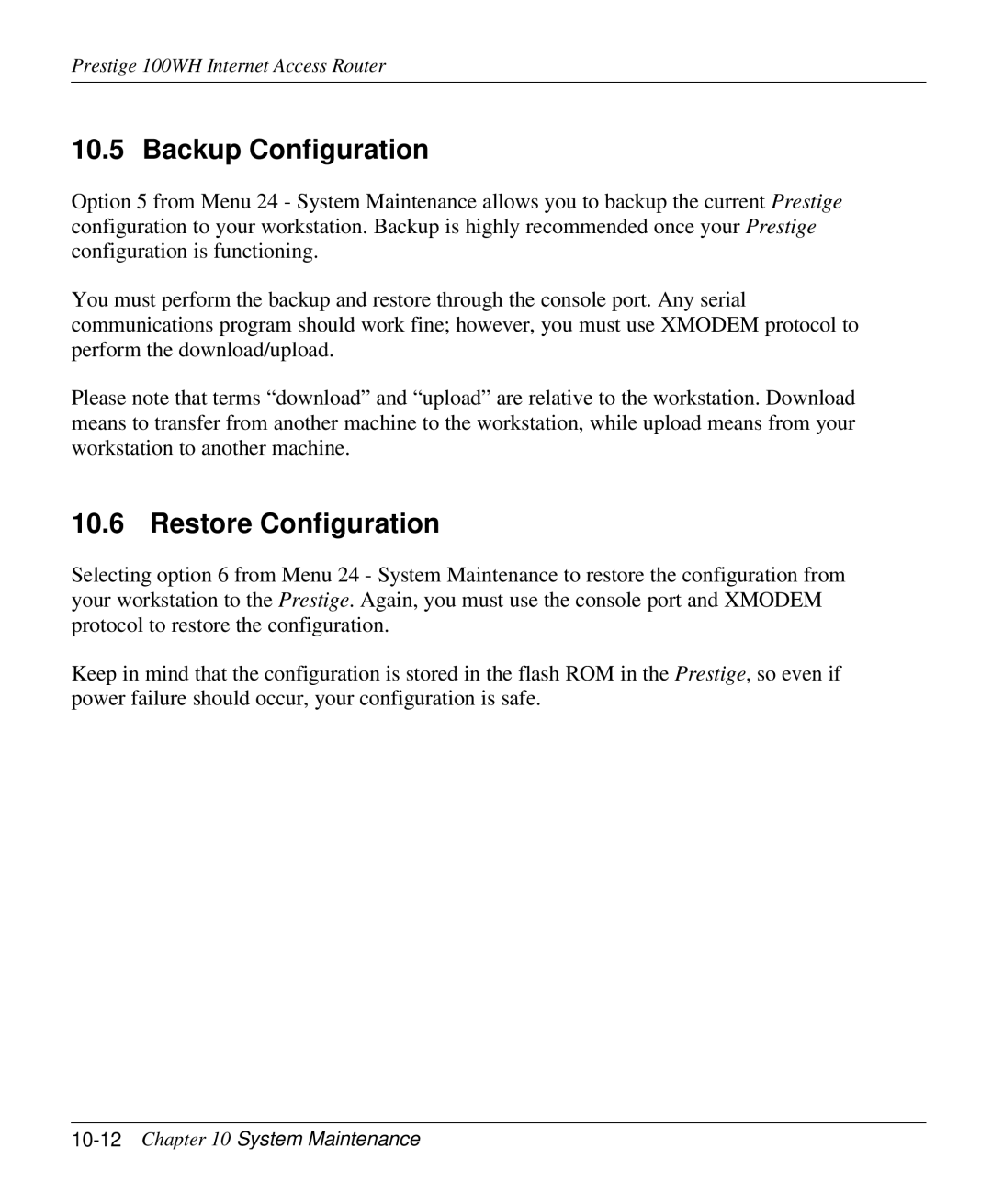 ZyXEL Communications 100WH user manual Backup Configuration, Restore Configuration, 10-12Chapter 10 System Maintenance 