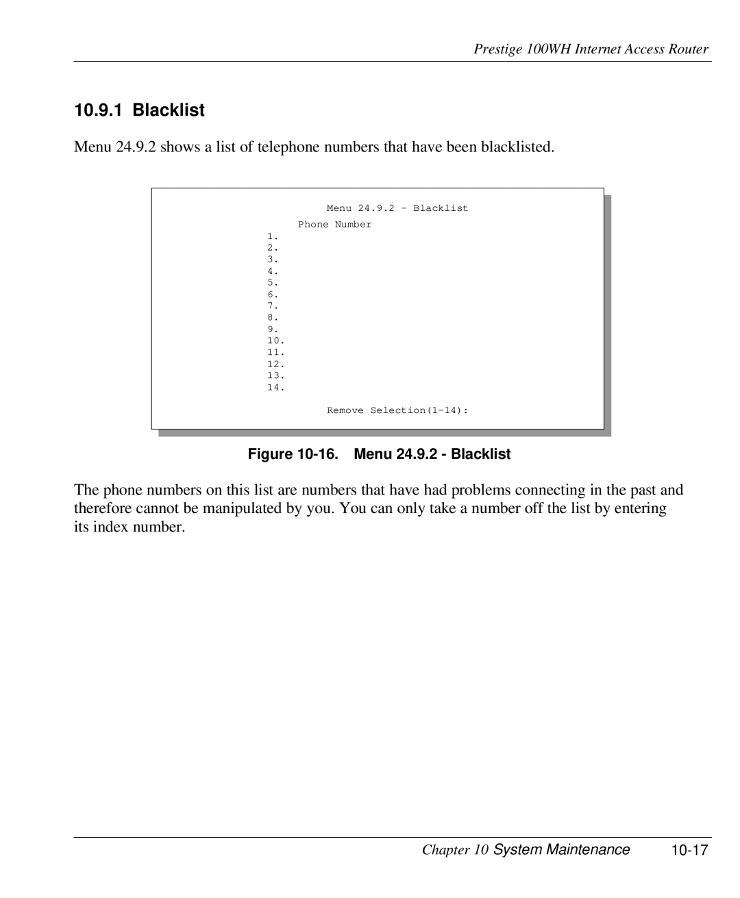 ZyXEL Communications 100WH user manual Blacklist, System Maintenance 10-17 