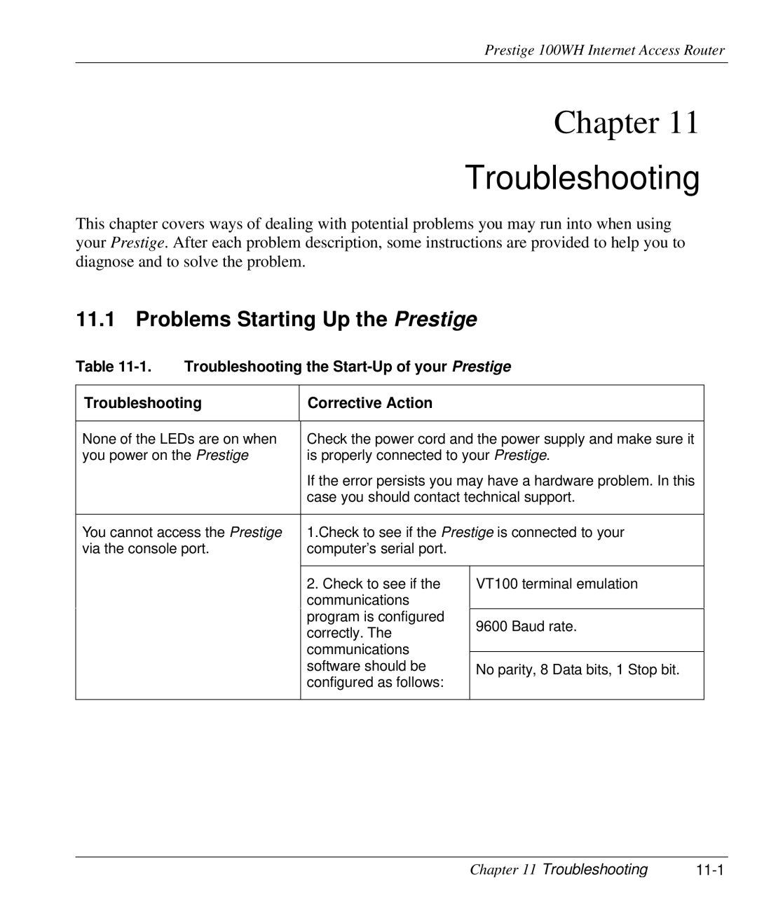 ZyXEL Communications 100WH user manual Problems Starting Up the Prestige, Troubleshooting 11-1 