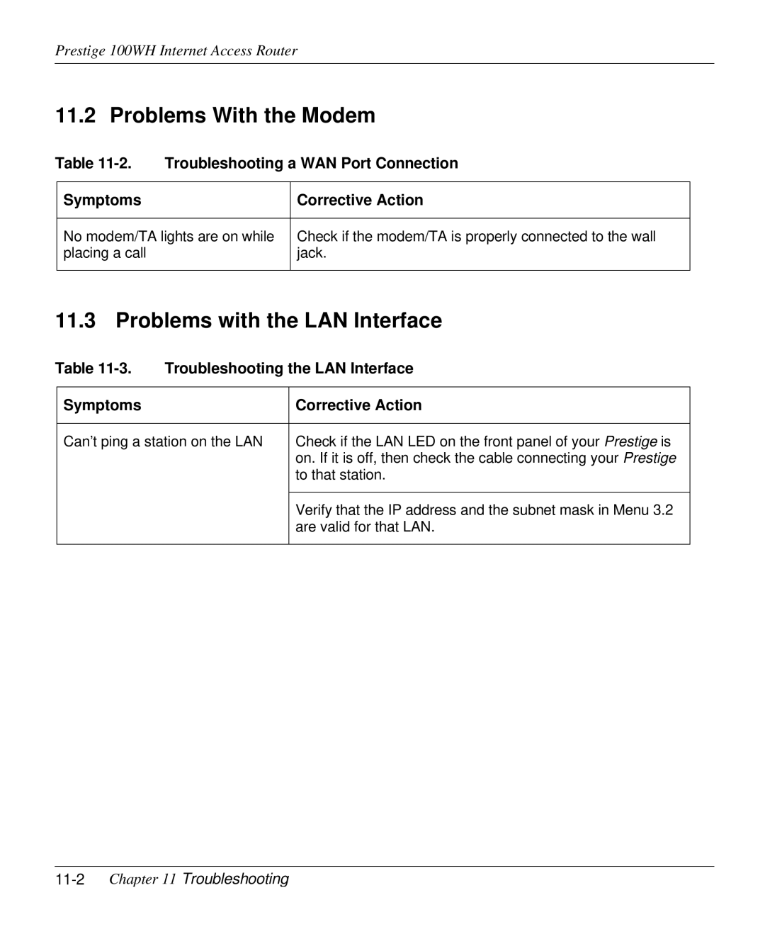 ZyXEL Communications 100WH Problems With the Modem, Problems with the LAN Interface, Troubleshooting a WAN Port Connection 