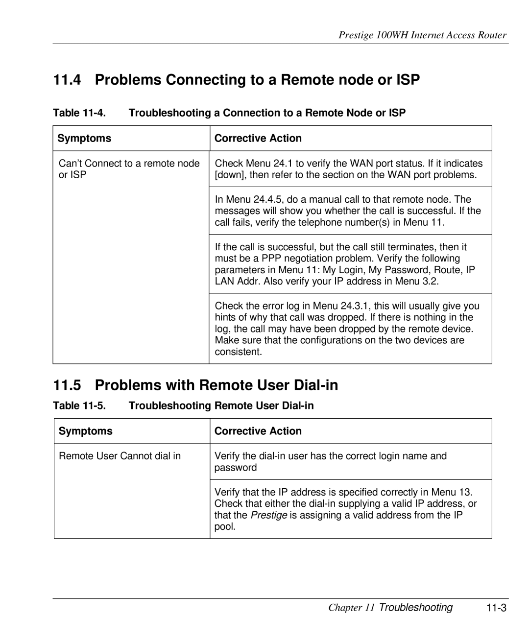 ZyXEL Communications 100WH user manual Problems Connecting to a Remote node or ISP, Problems with Remote User Dial-in 