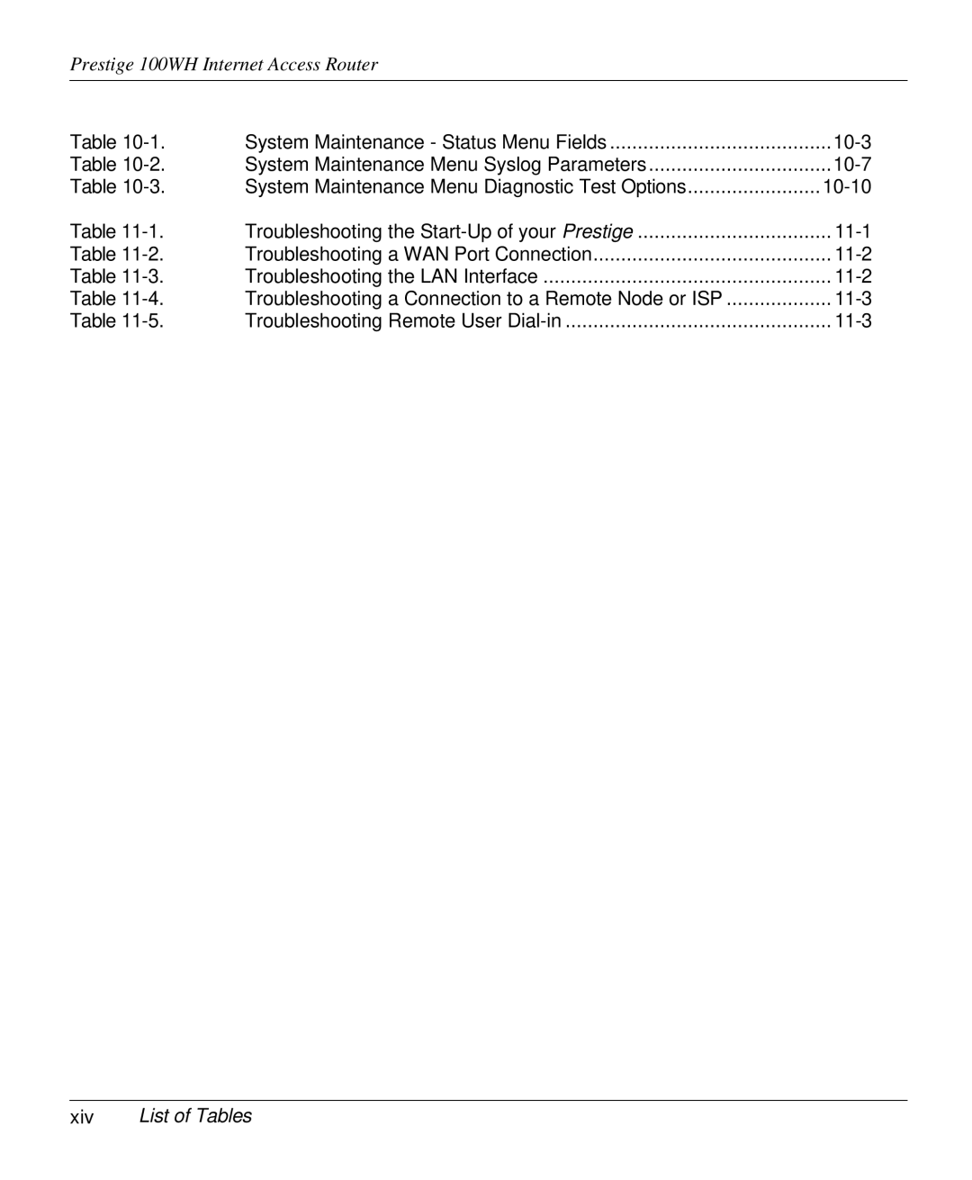 ZyXEL Communications 100WH user manual Xiv List of Tables 