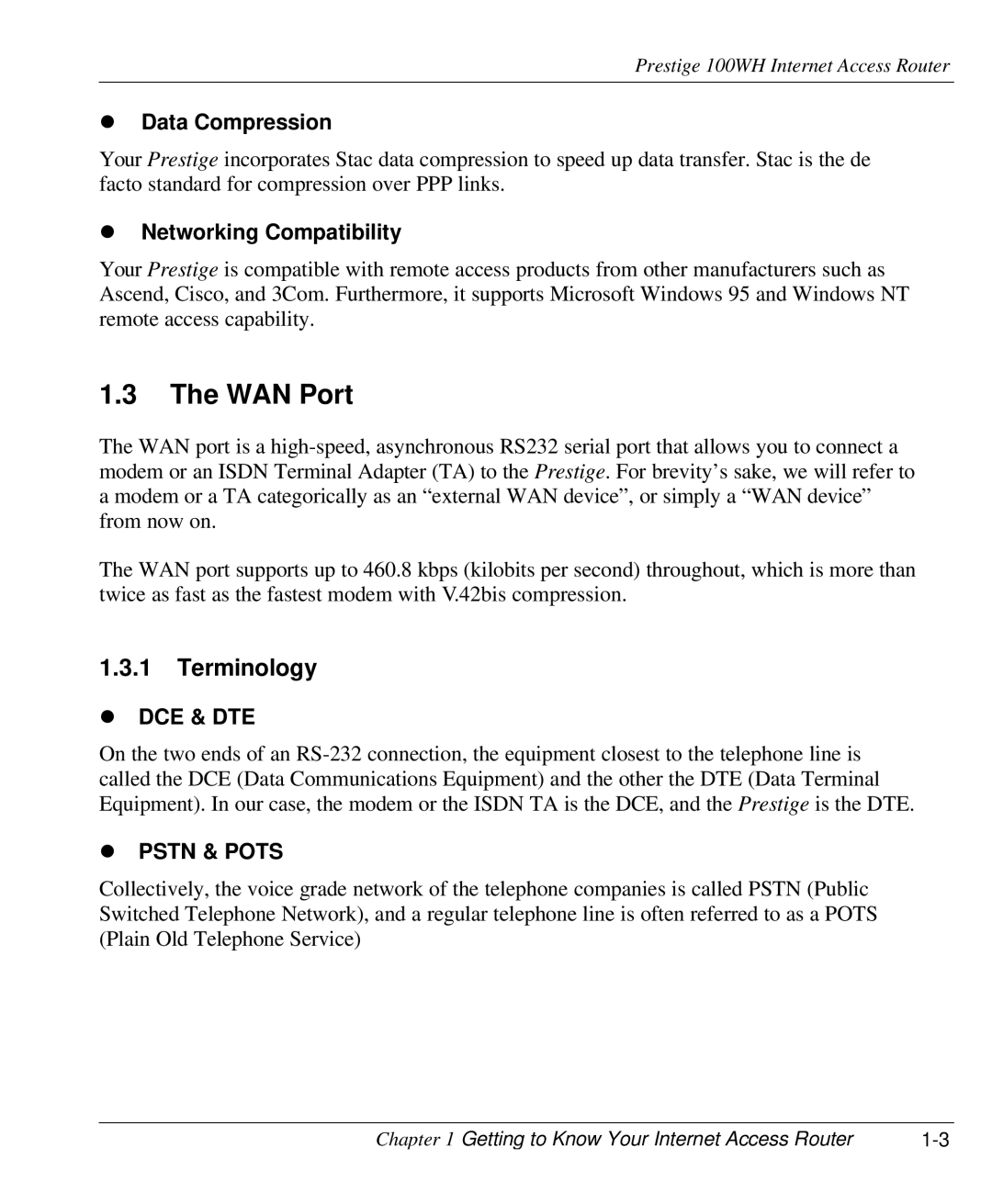 ZyXEL Communications 100WH user manual WAN Port, Terminology, Data Compression, Networking Compatibility 