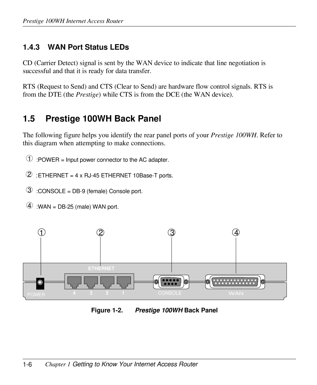 ZyXEL Communications user manual Prestige 100WH Back Panel, WAN Port Status LEDs 