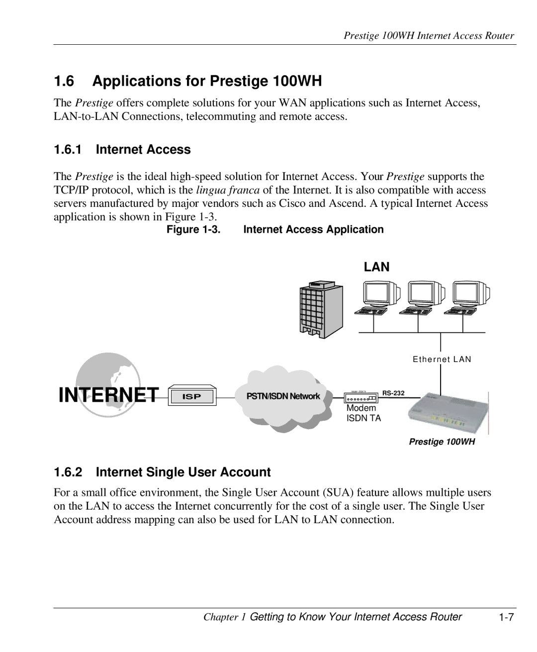 ZyXEL Communications user manual Applications for Prestige 100WH, Internet Access, Internet Single User Account 