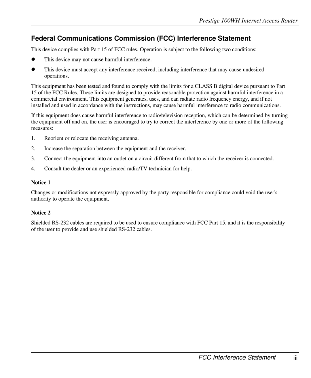 ZyXEL Communications 100WH Federal Communications Commission FCC Interference Statement, FCC Interference Statement Iii 