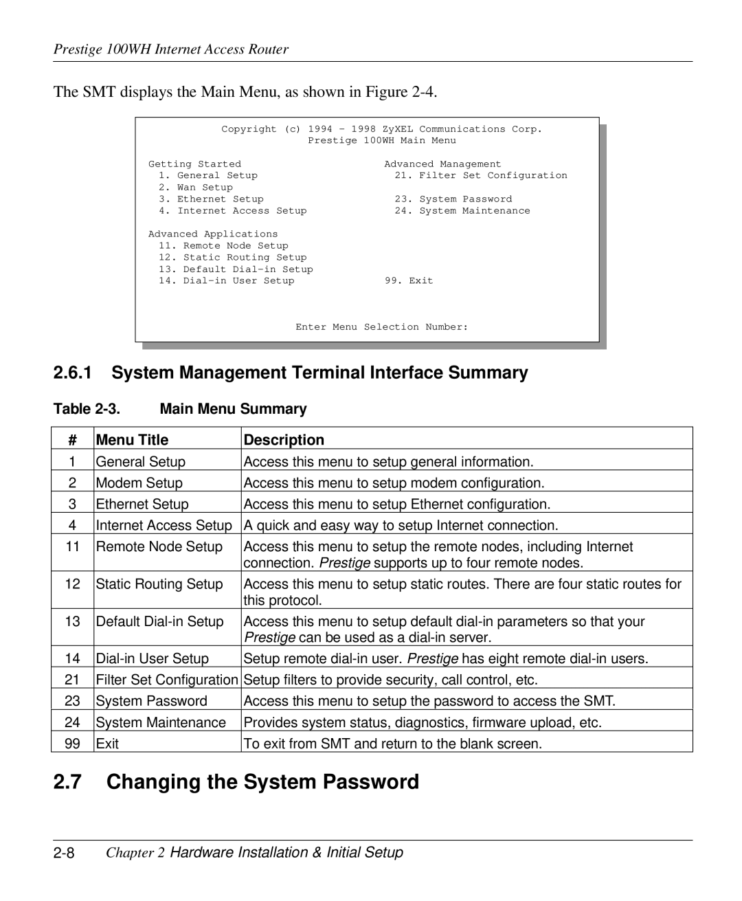 ZyXEL Communications 100WH Changing the System Password, System Management Terminal Interface Summary, Main Menu Summary 