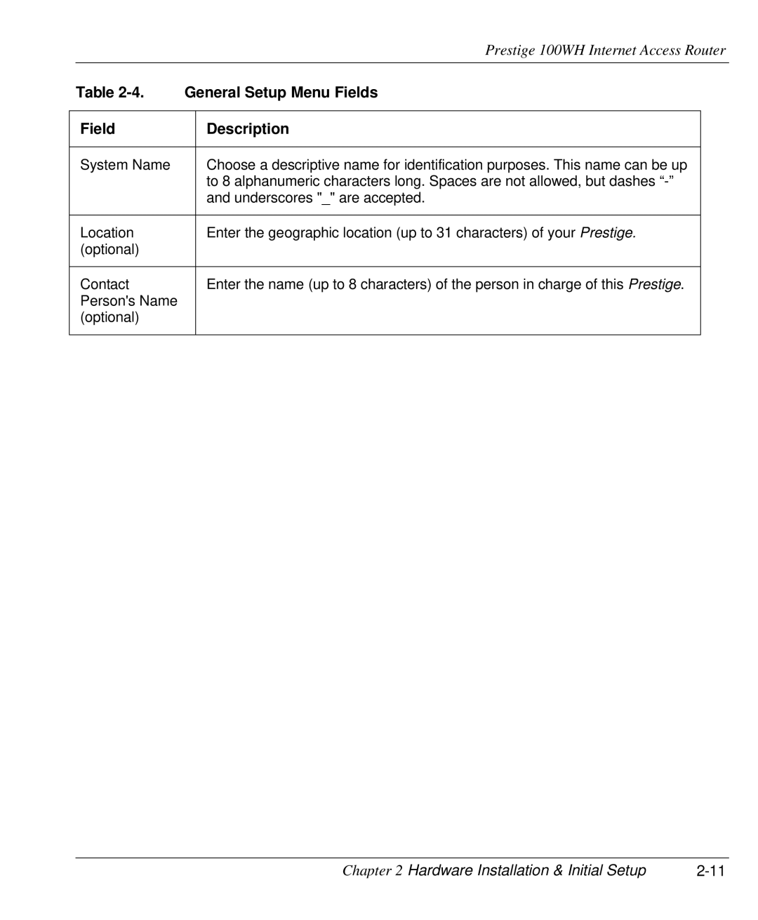 ZyXEL Communications 100WH user manual General Setup Menu Fields, Field Description 