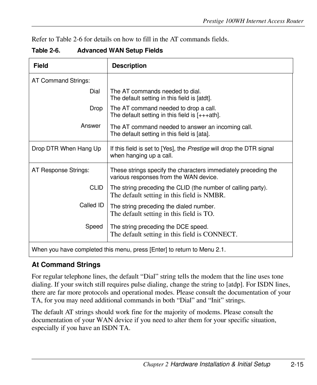 ZyXEL Communications 100WH user manual At Command Strings, Advanced WAN Setup Fields Description 