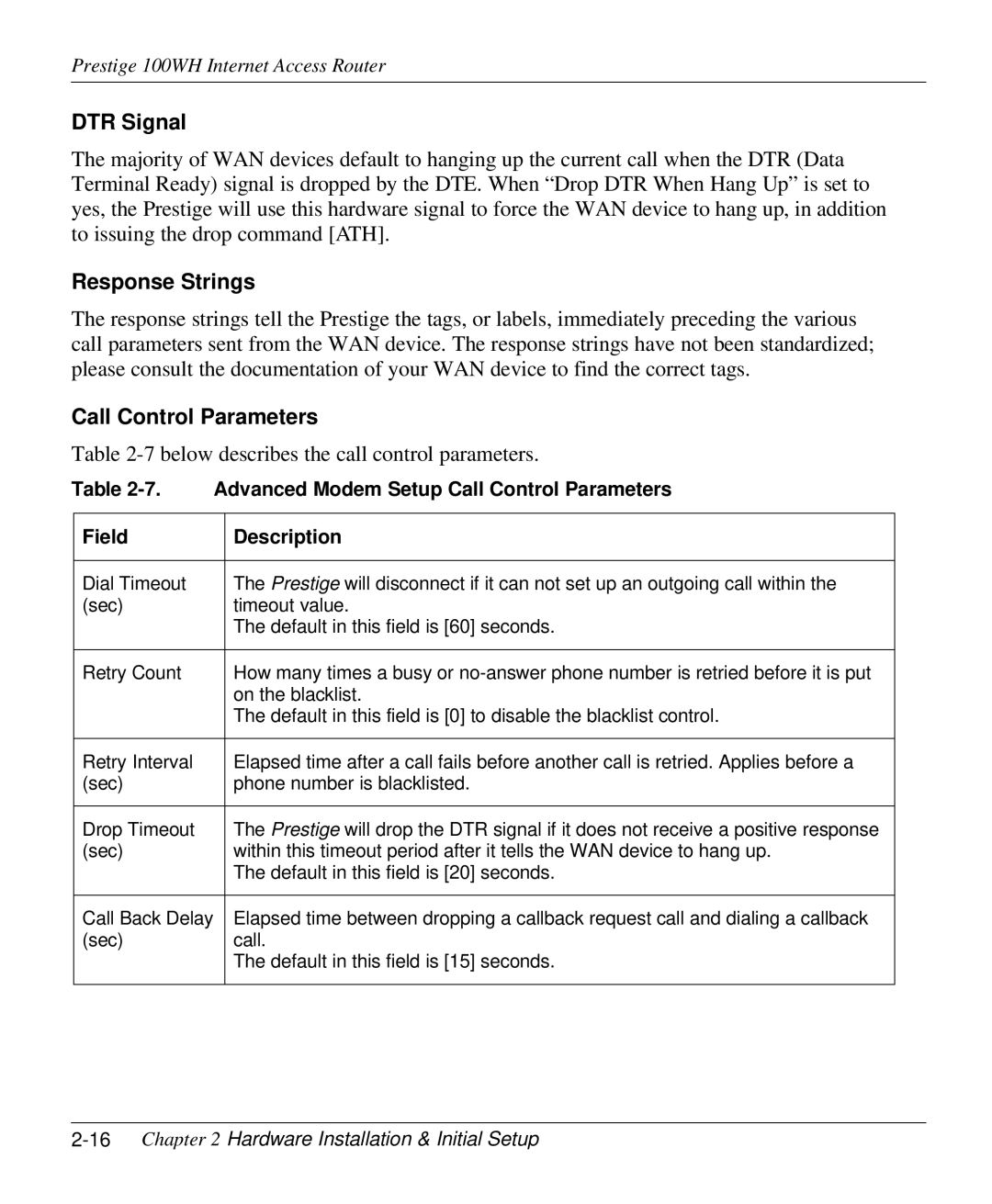 ZyXEL Communications 100WH user manual DTR Signal, Response Strings, Call Control Parameters 