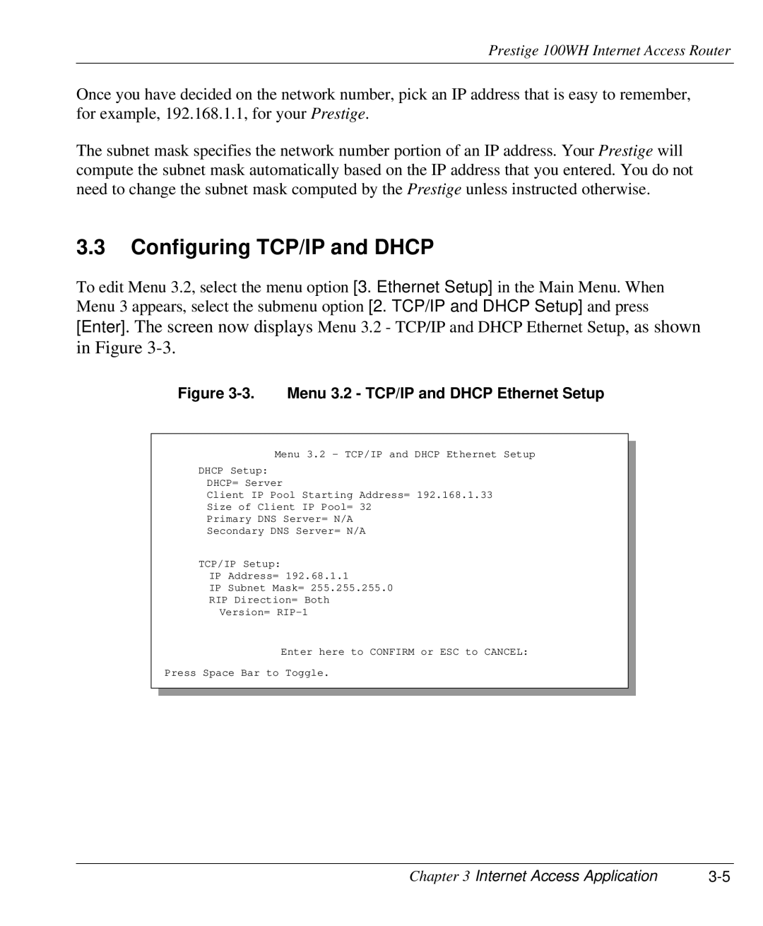 ZyXEL Communications 100WH user manual Configuring TCP/IP and Dhcp, Menu 3.2 TCP/IP and Dhcp Ethernet Setup 