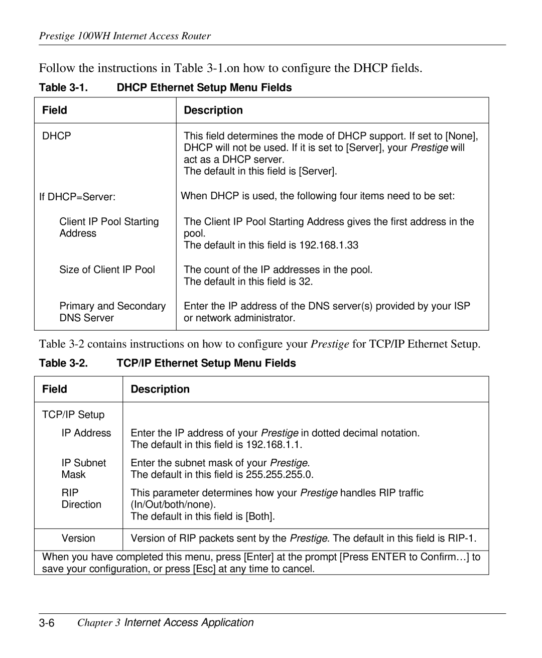 ZyXEL Communications 100WH user manual Dhcp Ethernet Setup Menu Fields, TCP/IP Ethernet Setup Menu Fields 