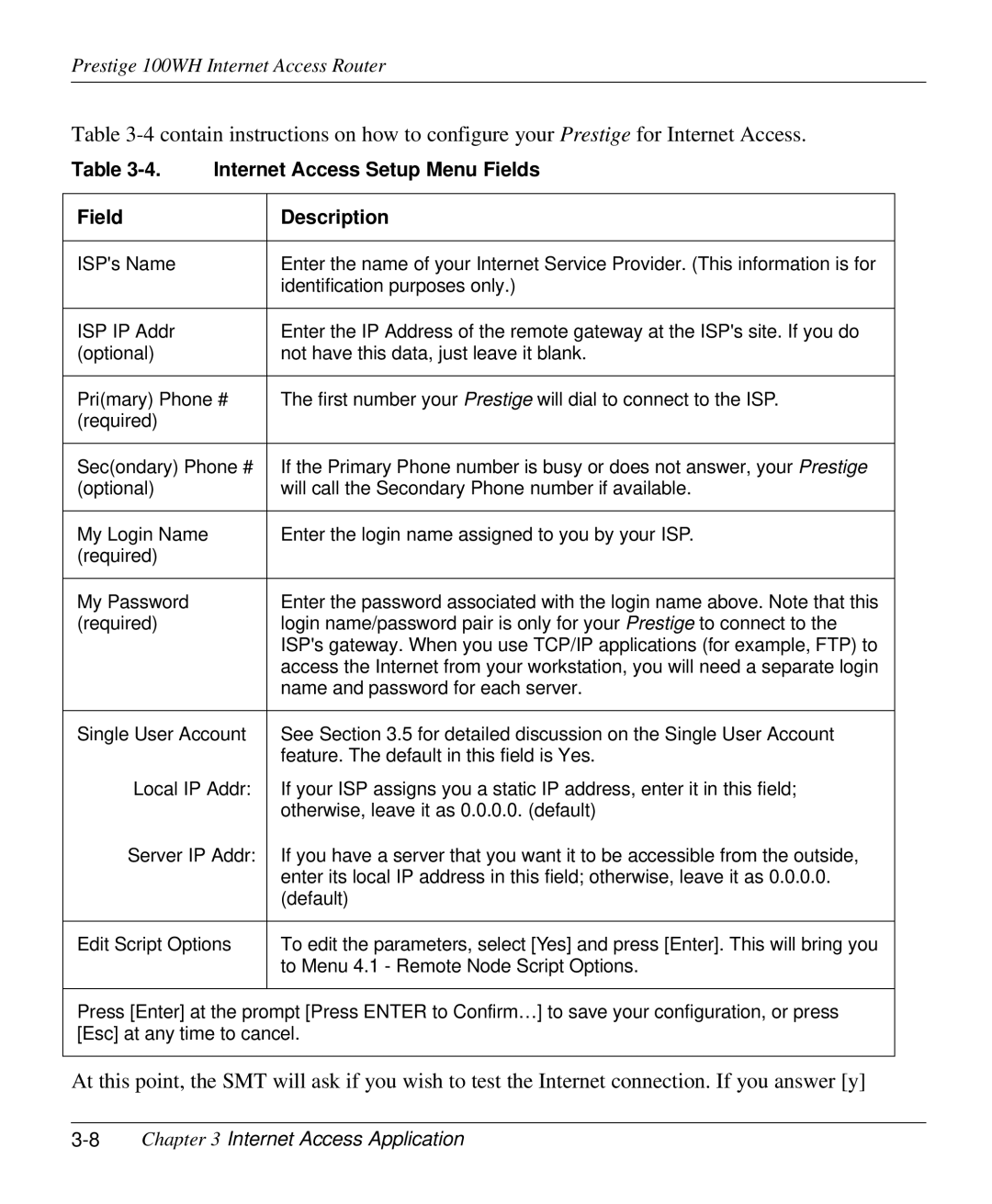 ZyXEL Communications 100WH user manual Internet Access Setup Menu Fields, 8Chapter 3 Internet Access Application 