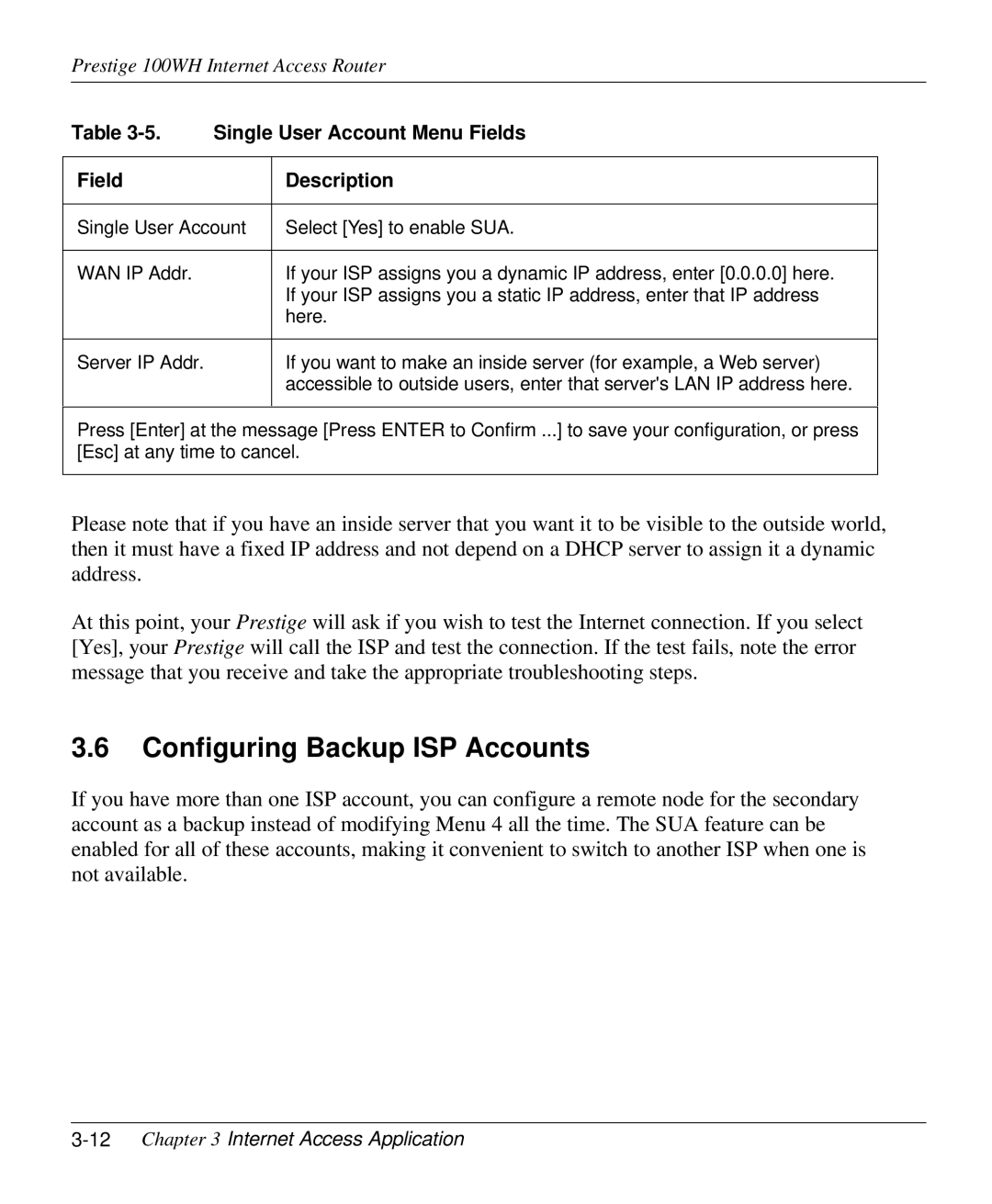 ZyXEL Communications 100WH user manual Configuring Backup ISP Accounts, Single User Account Menu Fields 