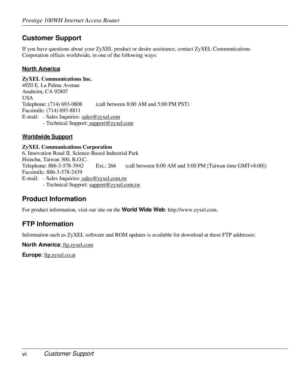 ZyXEL Communications 100WH user manual Product Information FTP Information, Vi Customer Support 