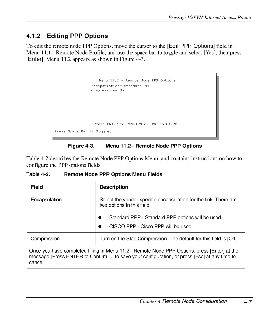 ZyXEL Communications 100WH user manual Editing PPP Options, Remote Node PPP Options Menu Fields Description 