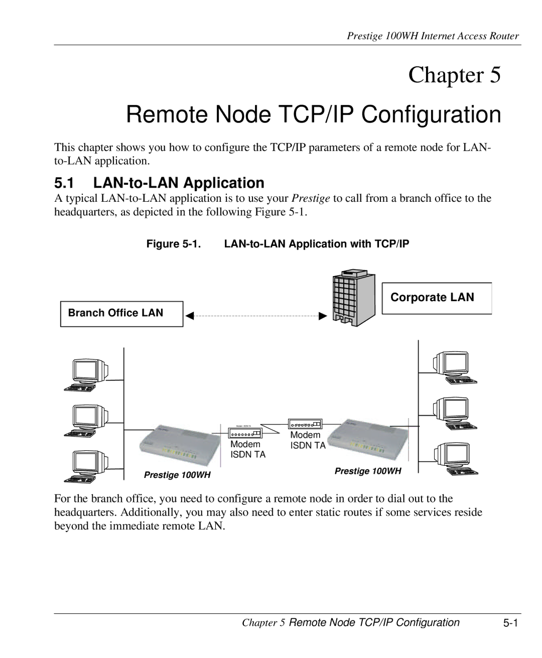 ZyXEL Communications 100WH user manual Remote Node TCP/IP Configuration, LAN-to-LAN Application 