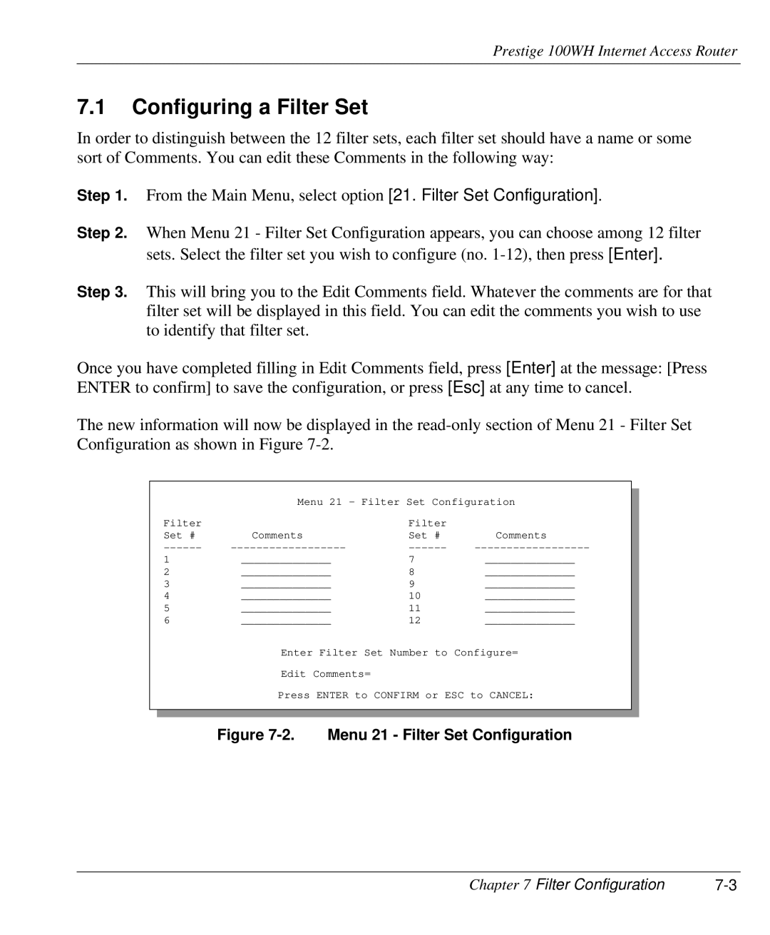 ZyXEL Communications 100WH user manual Configuring a Filter Set, Menu 21 Filter Set Configuration 