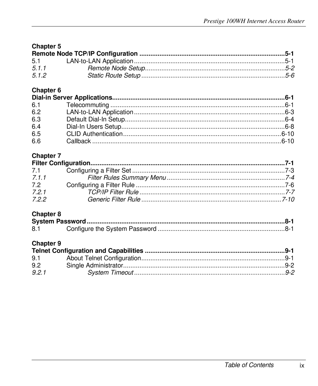 ZyXEL Communications 100WH user manual Table of Contents, Dial-in Server Applications 