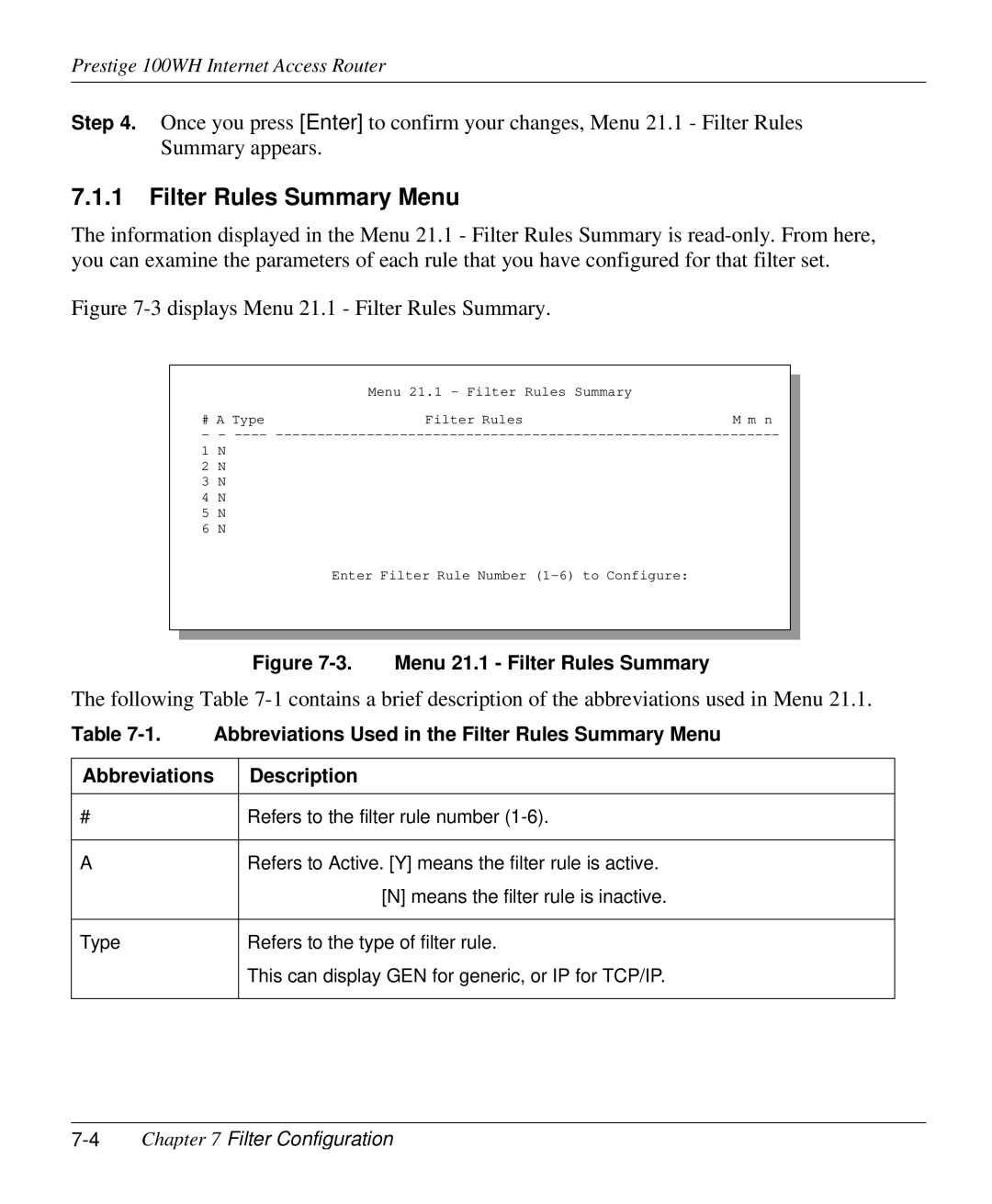 ZyXEL Communications 100WH user manual Filter Rules Summary Menu, 4Chapter 7 Filter Configuration 