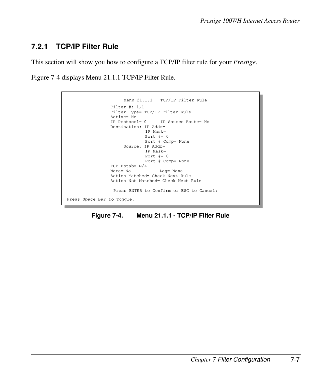 ZyXEL Communications 100WH user manual Menu 21.1.1 TCP/IP Filter Rule 