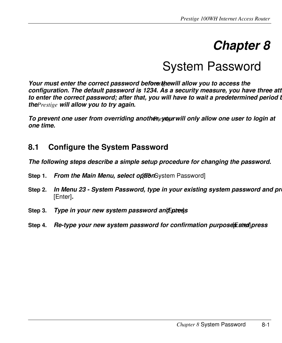 ZyXEL Communications 100WH user manual Configure the System Password 