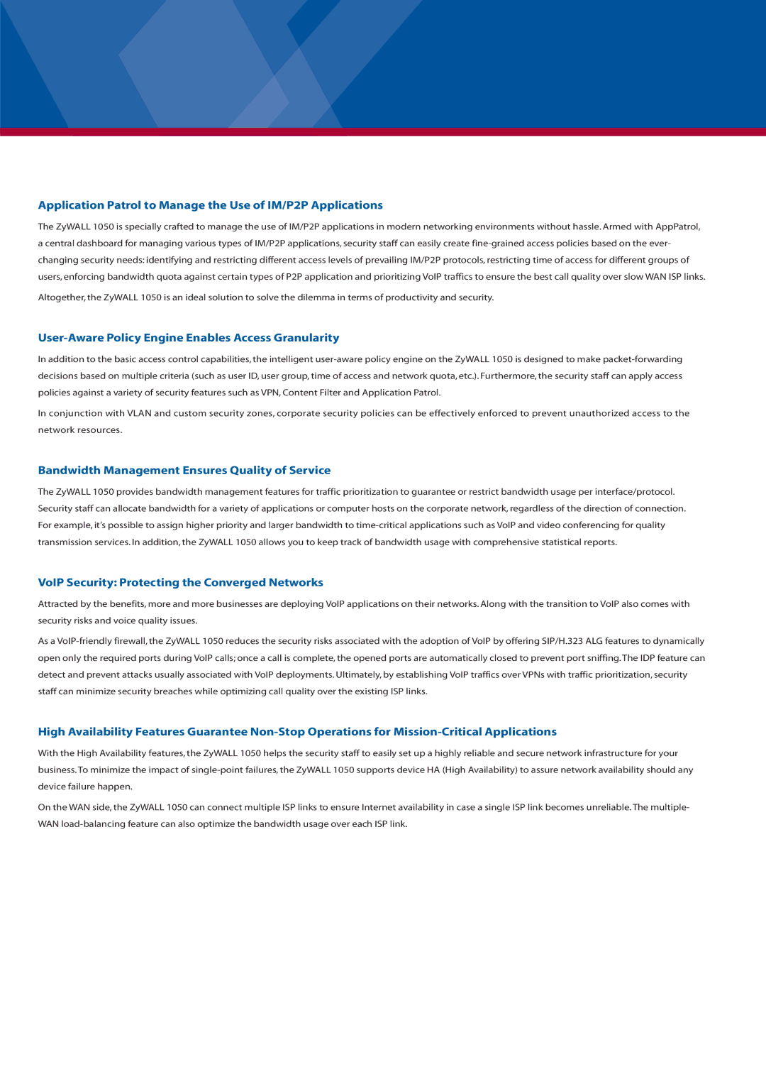 ZyXEL Communications 1050 manual Application Patrol to Manage the Use of IM/P2P Applications 