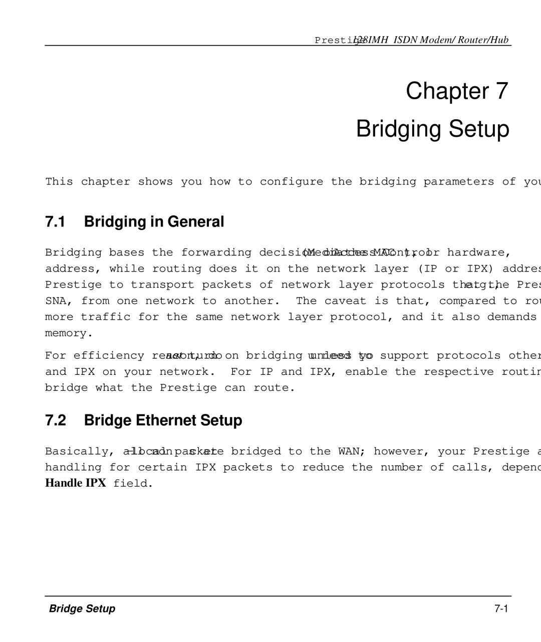 ZyXEL Communications 128IMH manual Chapter Bridging Setup, Bridging in General, Bridge Ethernet Setup 