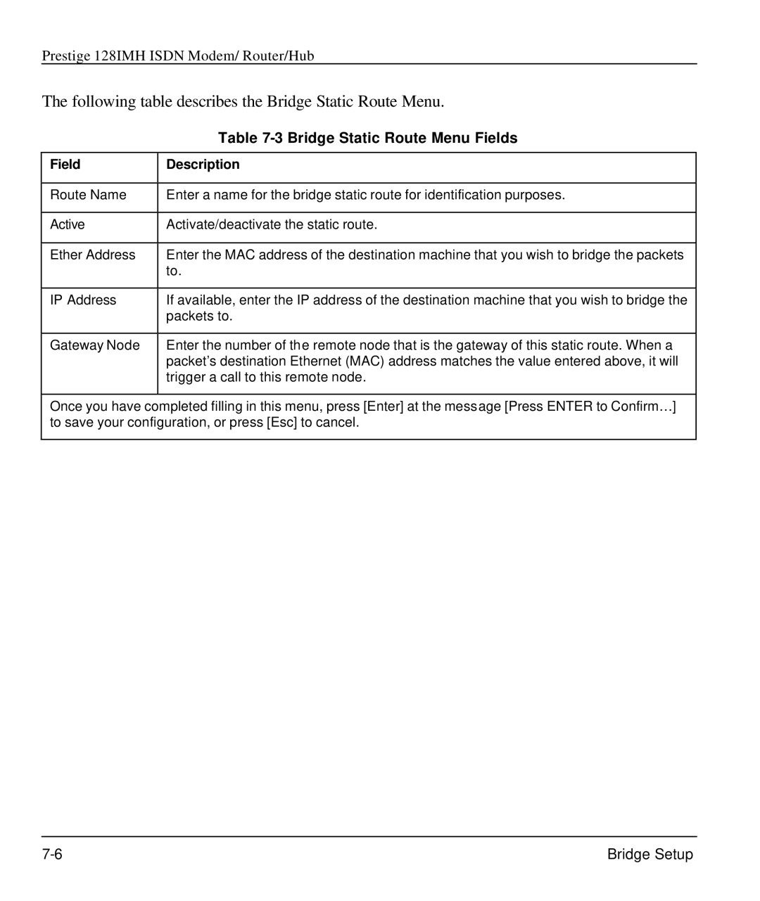 ZyXEL Communications 128IMH manual Following table describes the Bridge Static Route Menu, Bridge Static Route Menu Fields 