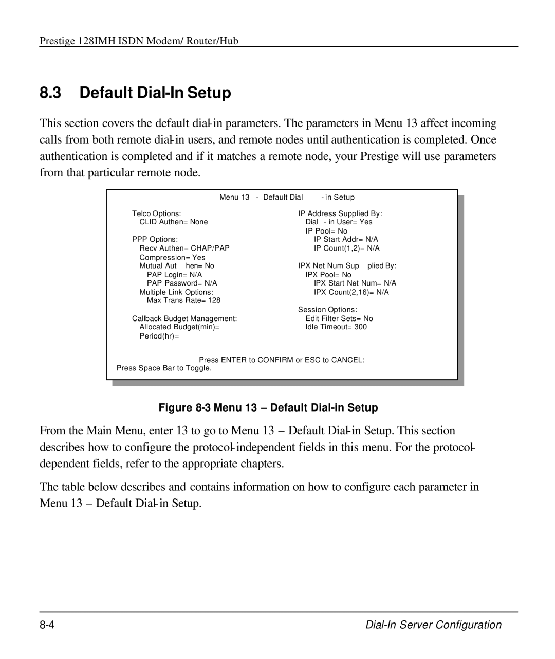 ZyXEL Communications 128IMH manual Default Dial-In Setup, Menu 13 Default Dial-in Setup 