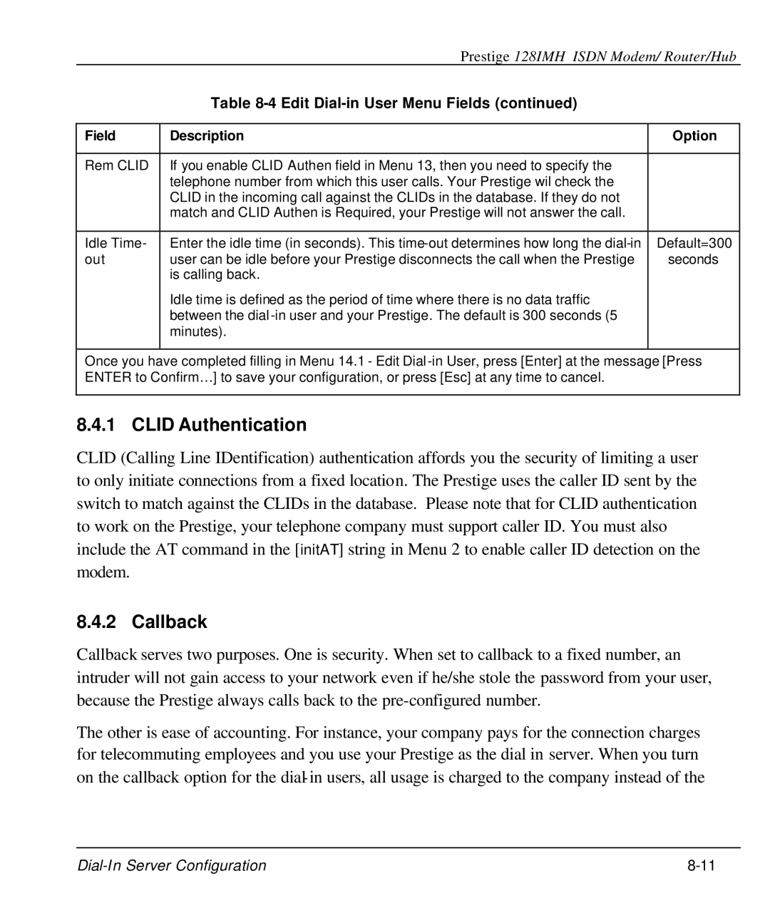 ZyXEL Communications 128IMH manual Clid Authentication, Callback 