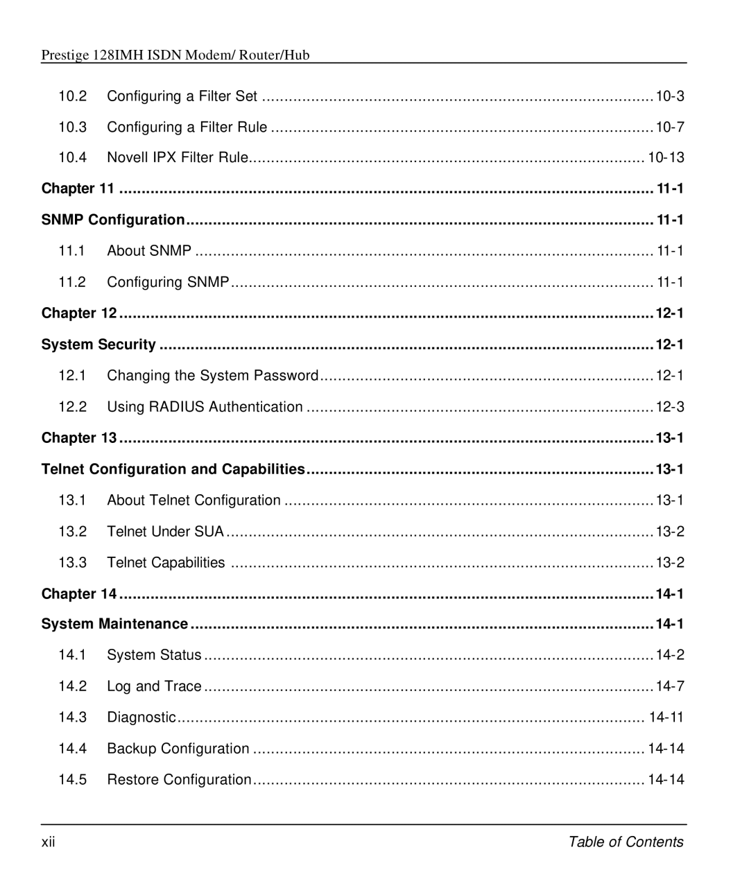 ZyXEL Communications 128IMH manual 11-1, 12-1, 13-1, 14-1 