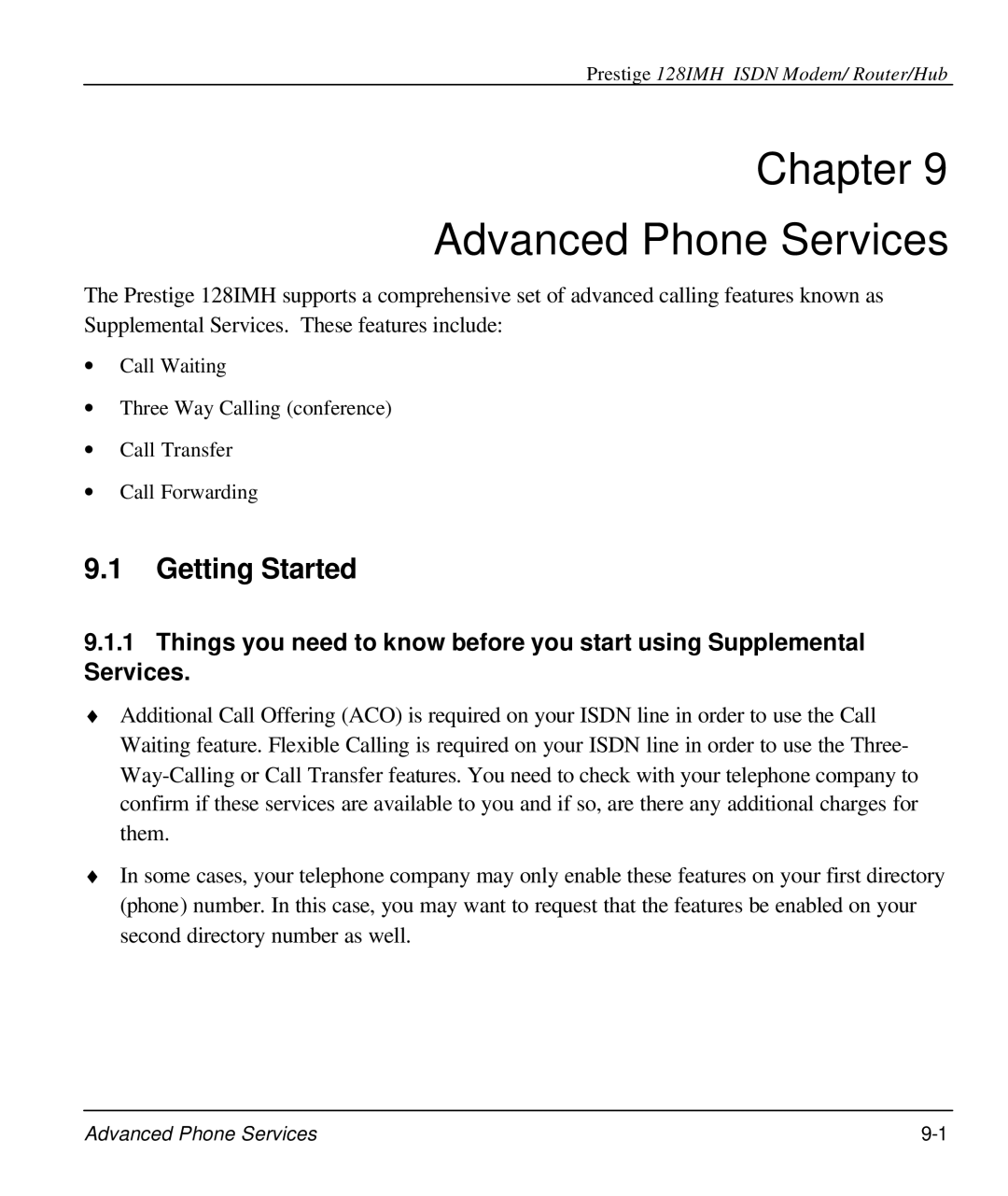 ZyXEL Communications 128IMH manual Chapter Advanced Phone Services, Getting Started 