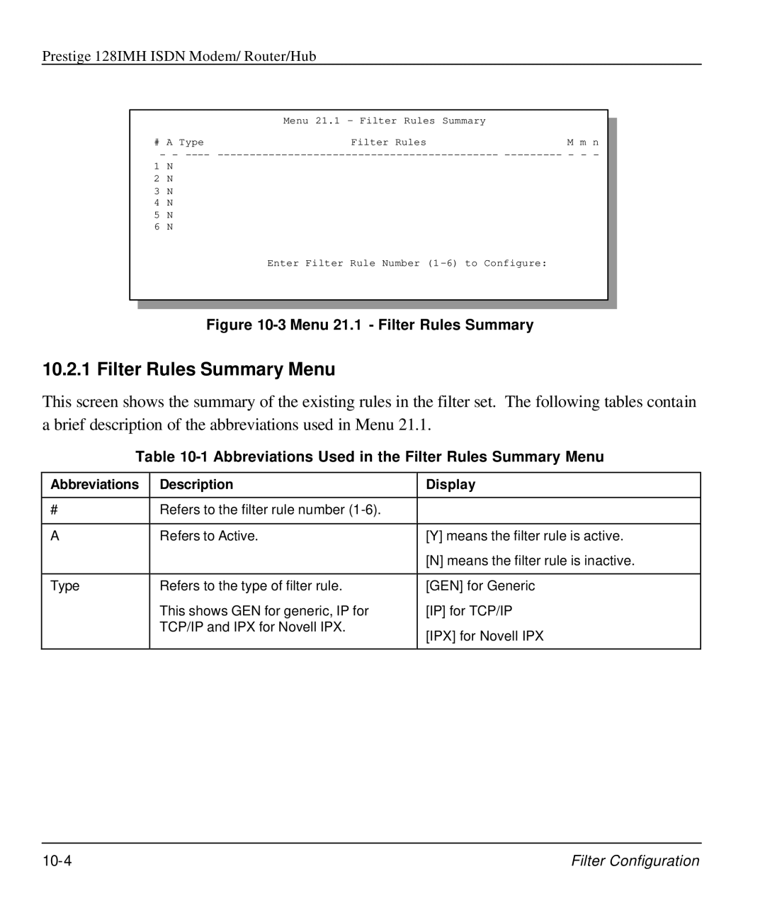 ZyXEL Communications 128IMH Abbreviations Used in the Filter Rules Summary Menu, Abbreviations Description Display 