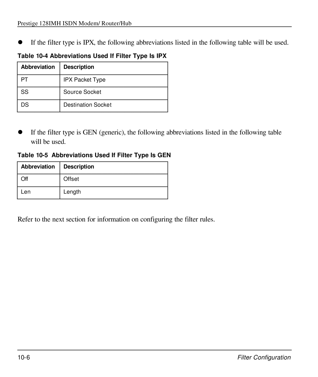 ZyXEL Communications 128IMH manual Abbreviations Used If Filter Type Is IPX, Abbreviations Used If Filter Type Is GEN 