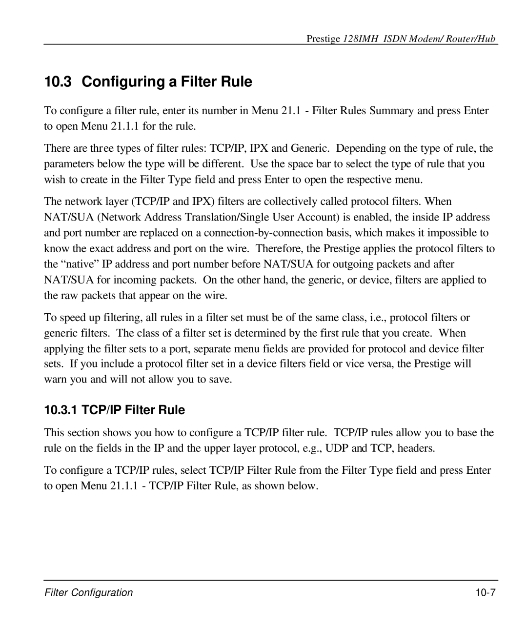 ZyXEL Communications 128IMH manual Configuring a Filter Rule, 10.3.1 TCP/IP Filter Rule 