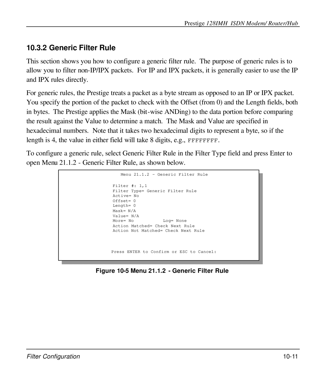 ZyXEL Communications 128IMH manual Menu 21.1.2 Generic Filter Rule 