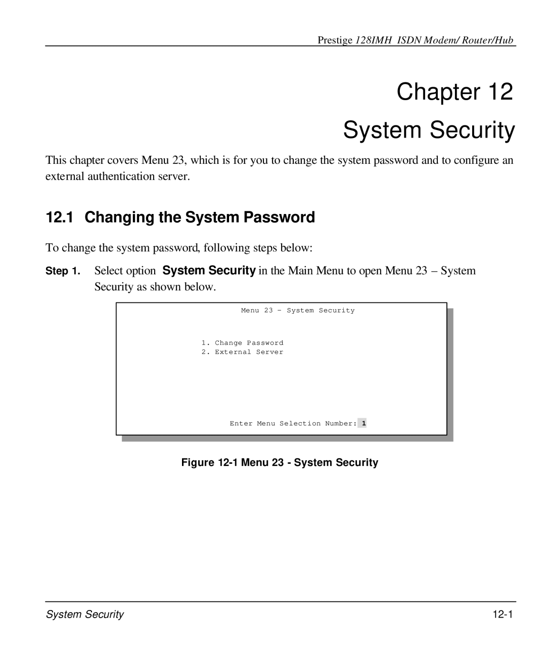 ZyXEL Communications 128IMH manual Chapter System Security, Menu 23 System Security 