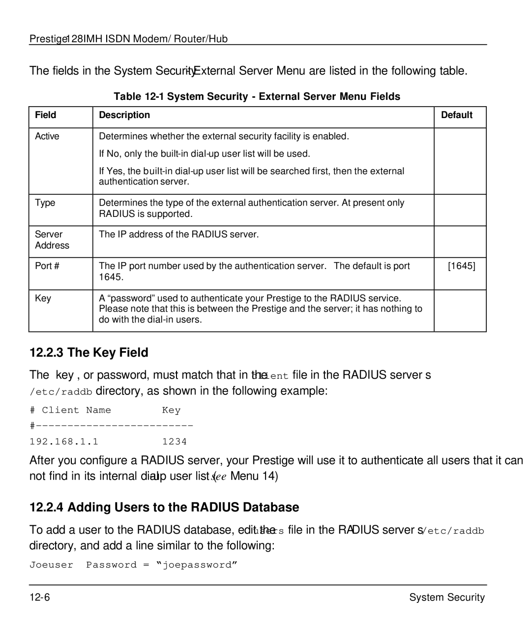 ZyXEL Communications 128IMH Key Field, Adding Users to the Radius Database, System Security External Server Menu Fields 