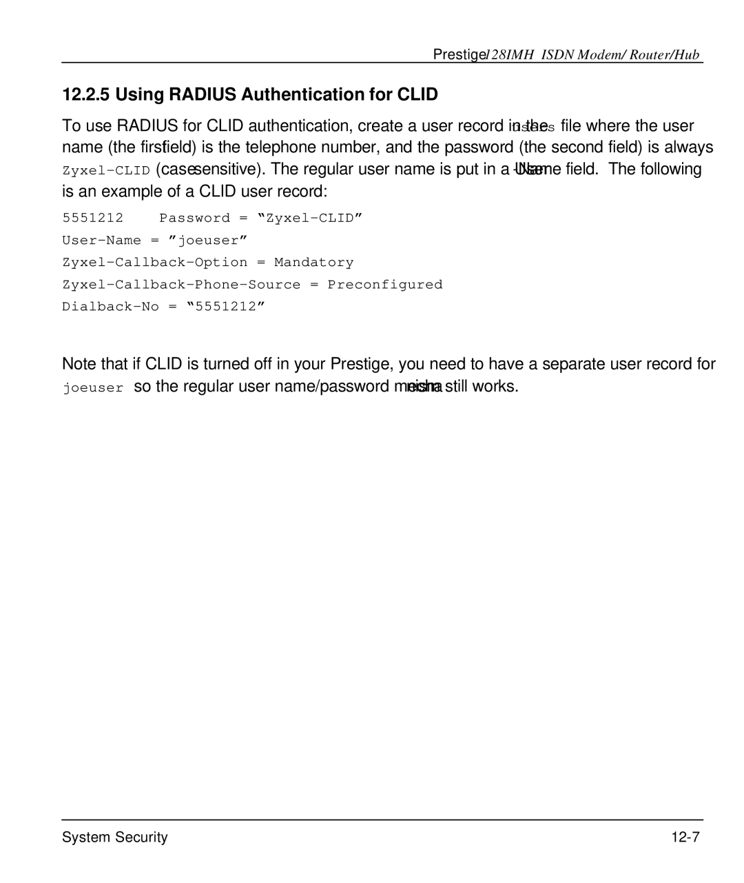 ZyXEL Communications 128IMH manual Using Radius Authentication for Clid 